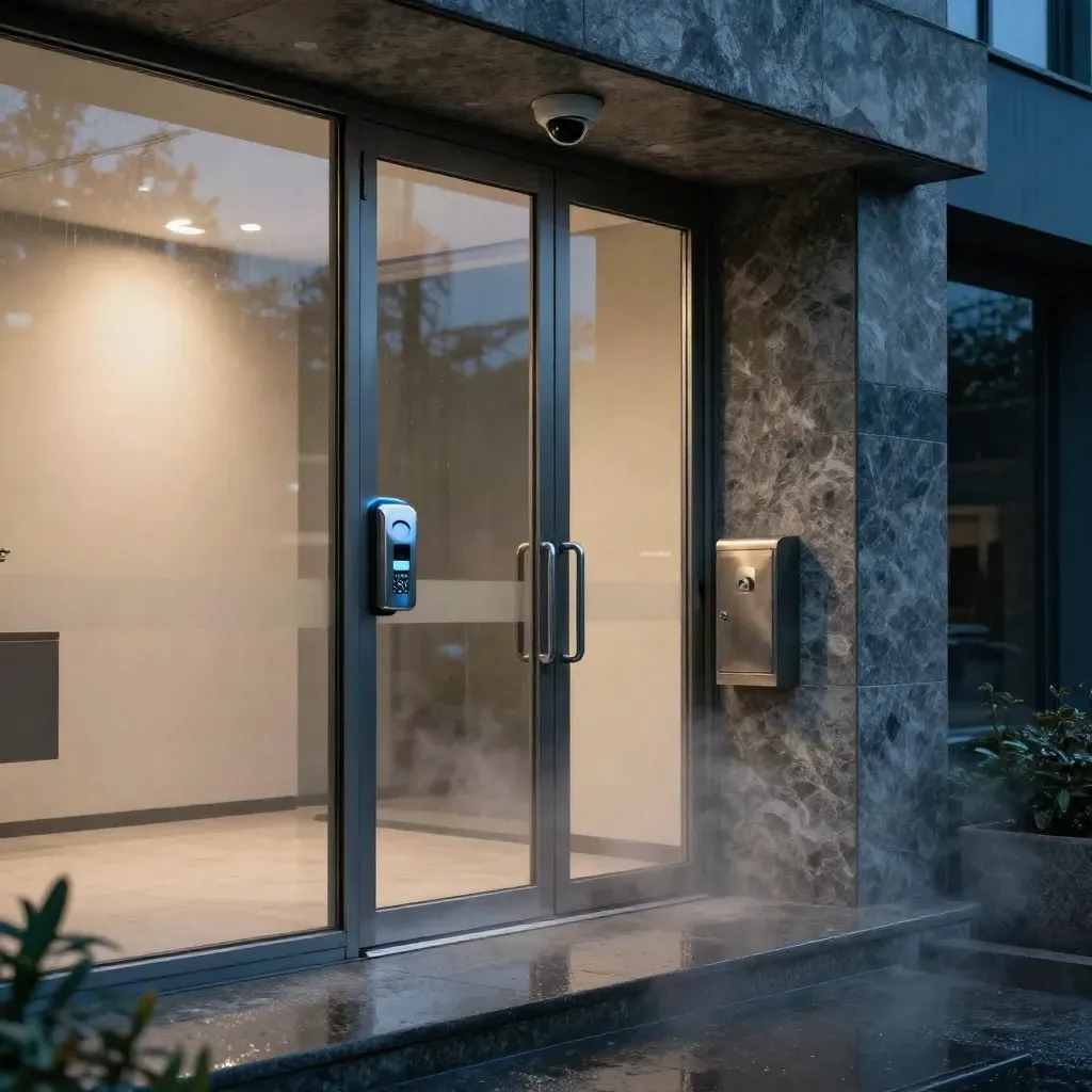 Ingresso moderno con sistemi di sicurezza su facciata vetrata, bagnato dalla pioggia al crepuscolo.
