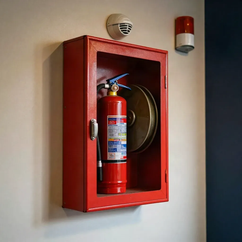Stazione antincendio con estintore, manichetta, rilevatore fumo e luce d’emergenza.