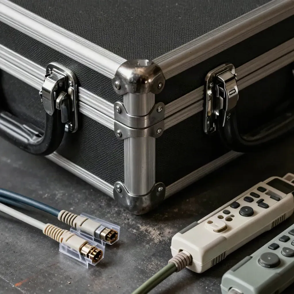 Kit tecnico ordinato con cavi, connettori e valigetta chiusa su banco scuro