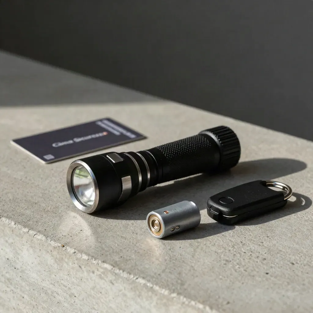 Kit di sopralluogo con torcia, sensore, contatto porta, batteria e portachiavi su cemento.