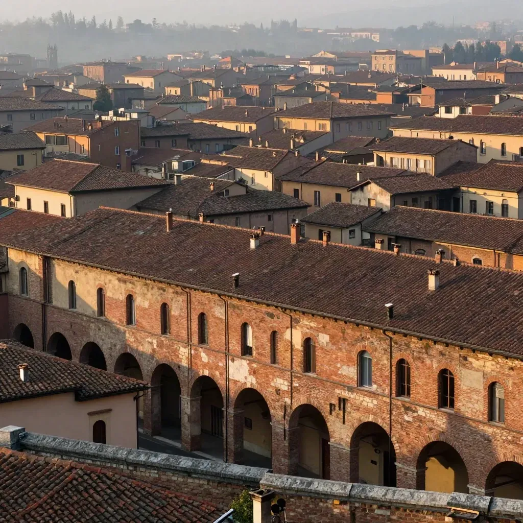 Veduta di Bologna e Modena con tetti in cotto, arcate e foschia morbida al mattino.